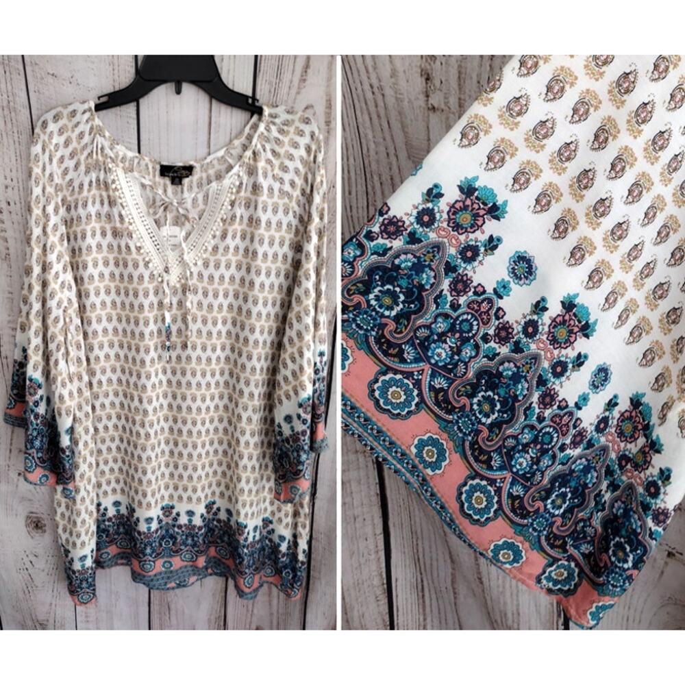 Suzanne Betro NEW Boho-Print Tied V-Neck Kimono-Sleeve Tunic Peasant Top 2X Plus